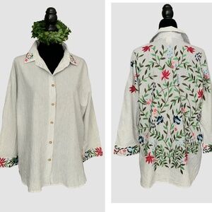 Anthropologie Striped Button-Up Blouse with Multicolor Floral Embroidery